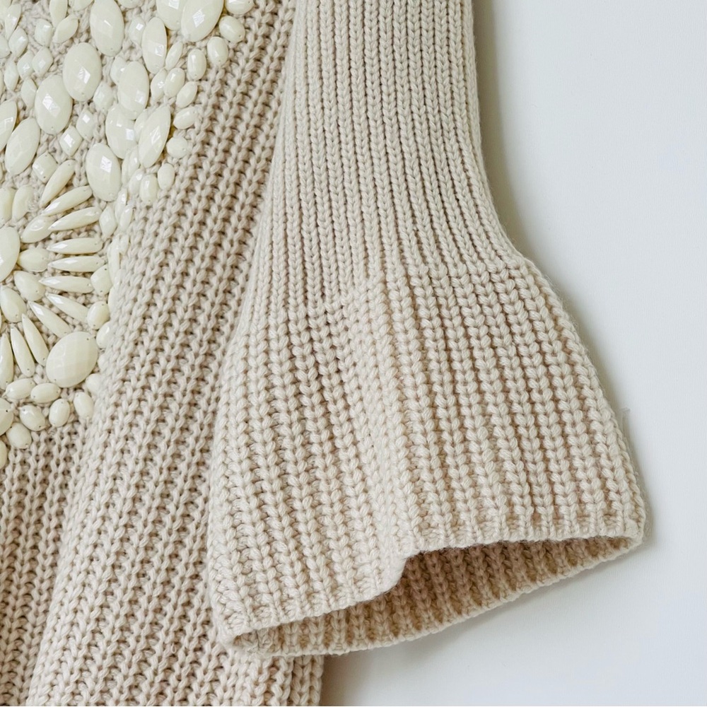 V Cristina Knit Sweater Embellished 3/4 Bell Sleeve V-Neck Beige Hi-low Hem - Picture 2 of 10